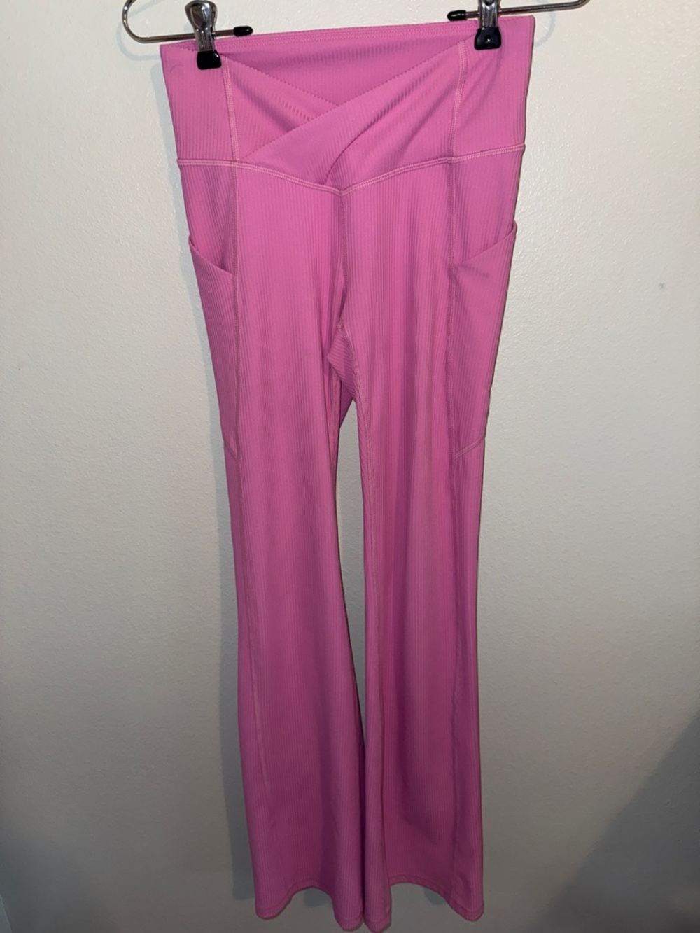 Fabletics Pink Ribbed High-Waist Flare Leg Pants with Side Pockets
